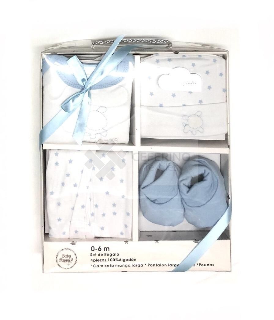 Set 4 piezas bebe primera puesta manga larga Baby Happy 21354 Celeste.