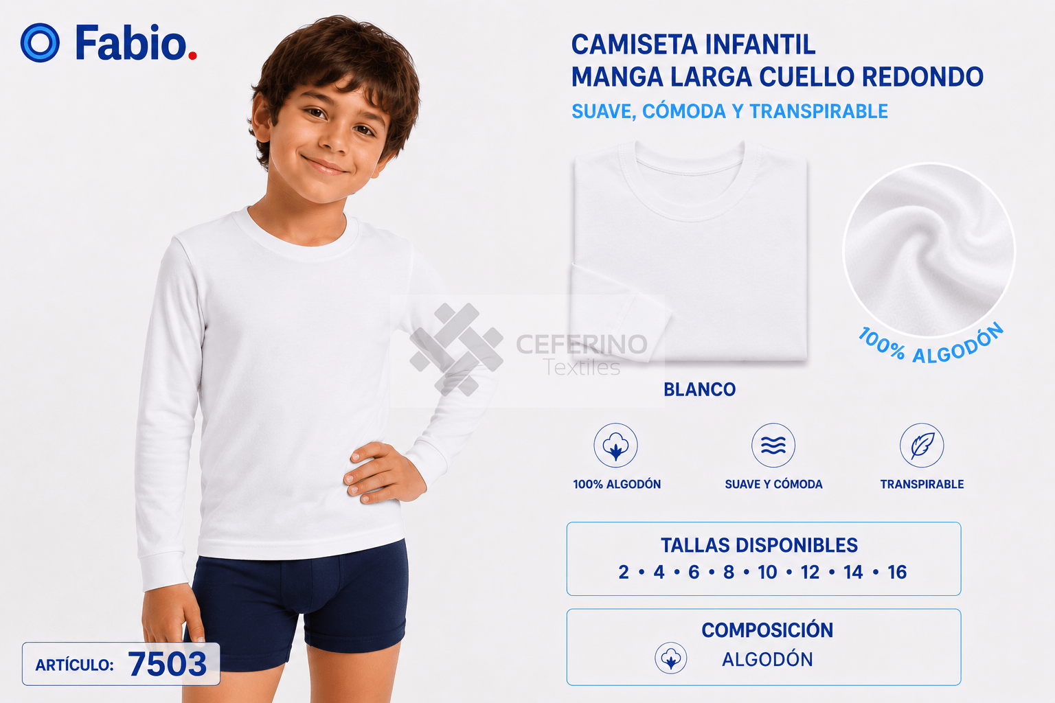 Camiseta interior niño manga larga algodón 2-16 Fabio 7503.