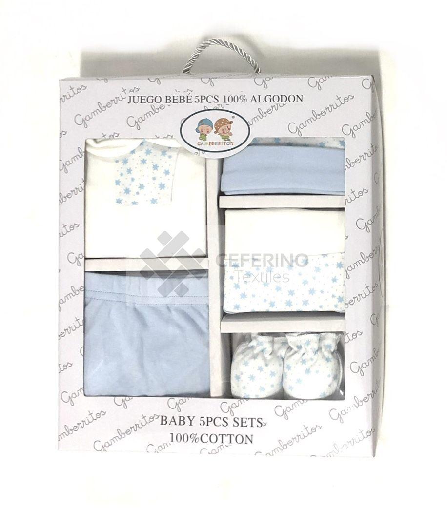 Set 5 piezas bebe primera puesta Gamberritos camiseta + polaina + babero + gorro + manoplas 10592 Azul.