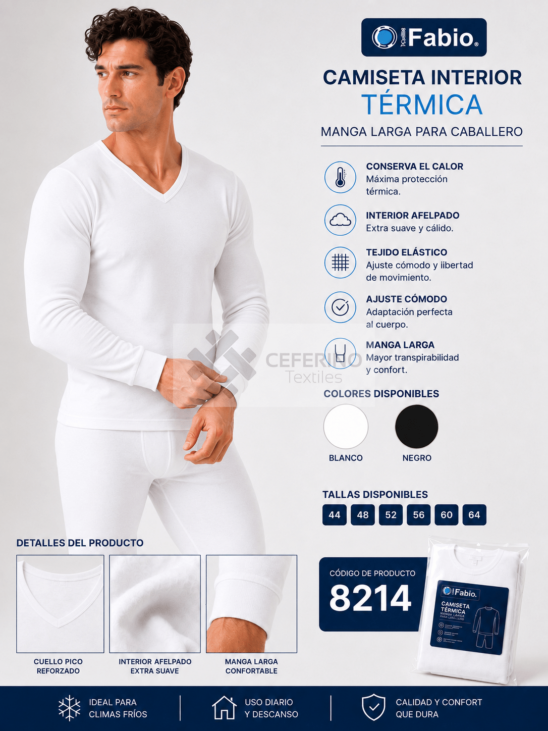 Camiseta interior caballero algodón termal M/L cuello pico Fabio 8214.