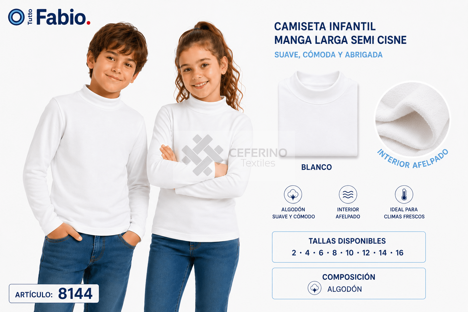 Jersey unisex infantil semi cisne algodón blanco Fabio 8144B.