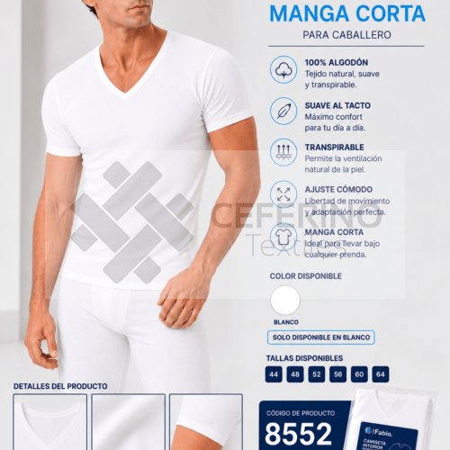 Camiseta interior M/C caballero 100% algodón cuello pico 48 - 64 Fabio 8552.