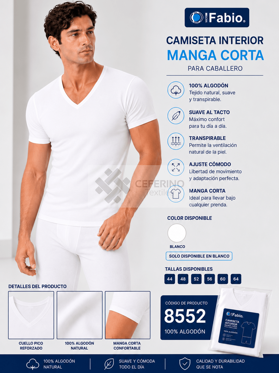 Camiseta interior M/C caballero 100% algodón cuello pico 48 - 64 Fabio 8552.