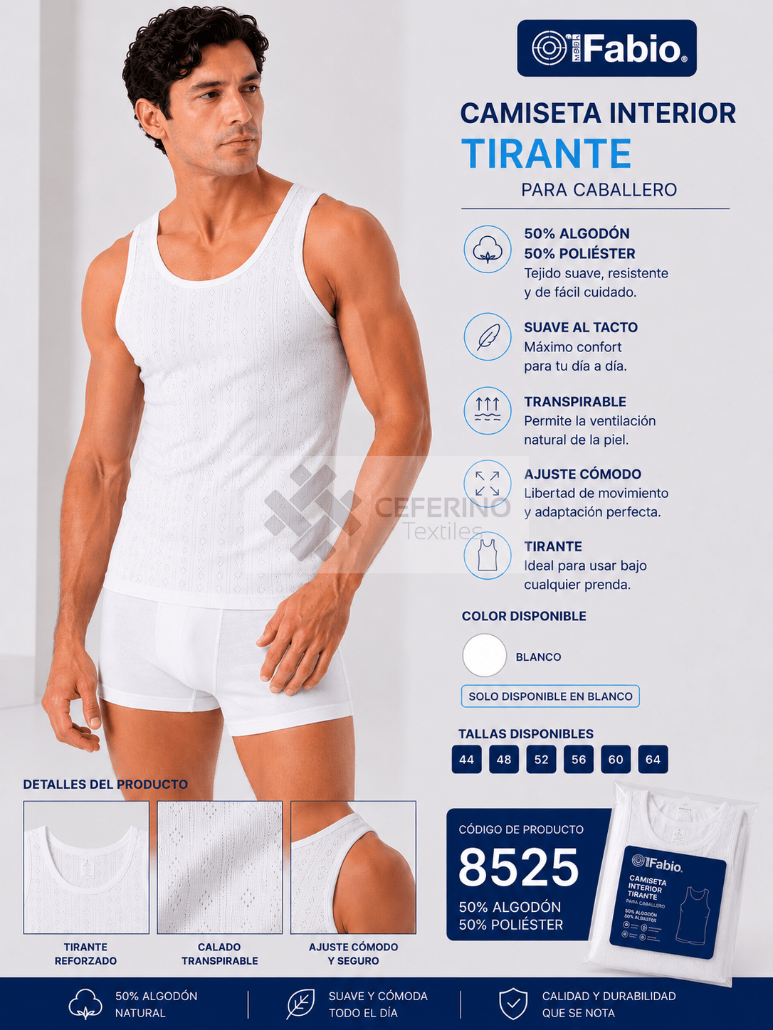 Camiseta interior tirantes calada de algodón 44 - 64 Fabio 8525.