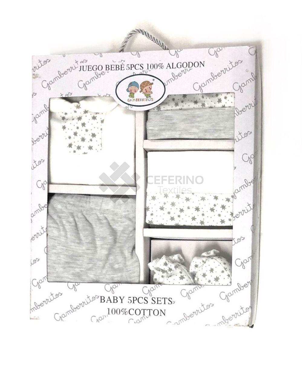 Set 5 piezas bebe primera puesta Gamberritos camiseta + polaina + babero + gorro + manoplas 10592 Gris.