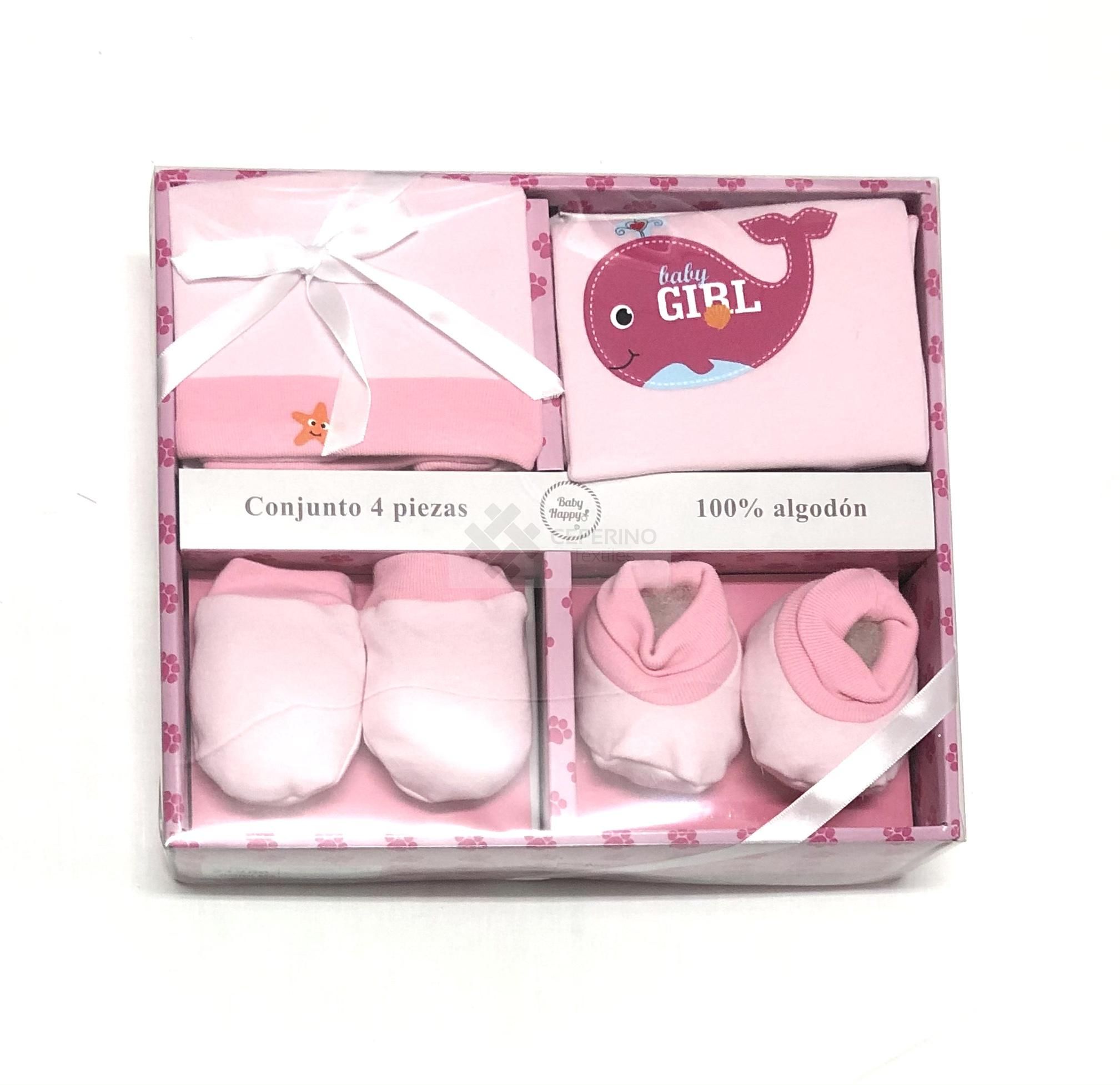 Set 4 piezas bebe primera puesta manga corta Baby Happy 21356 Rosa.