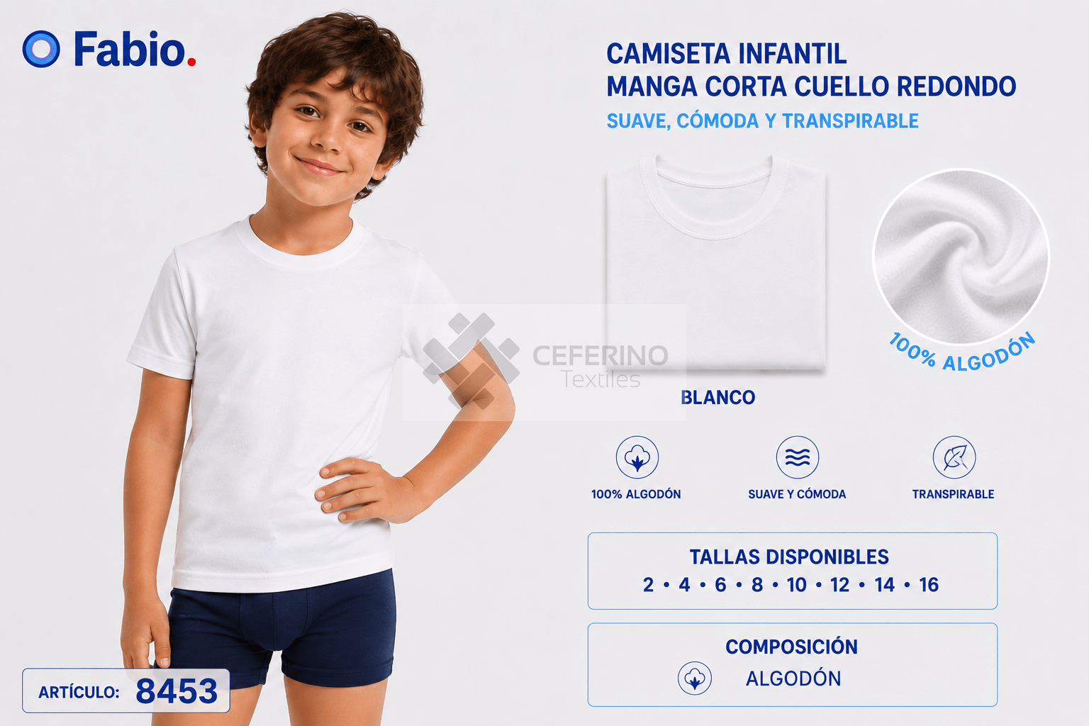 Camiseta interior niño manga corta algodón 2-16 Fabio 8453.