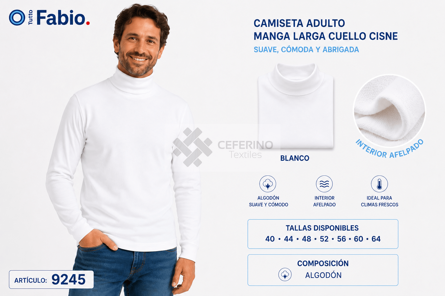 Jersey unisex cuello cisne algodón BLANCO Fabio 9245B.