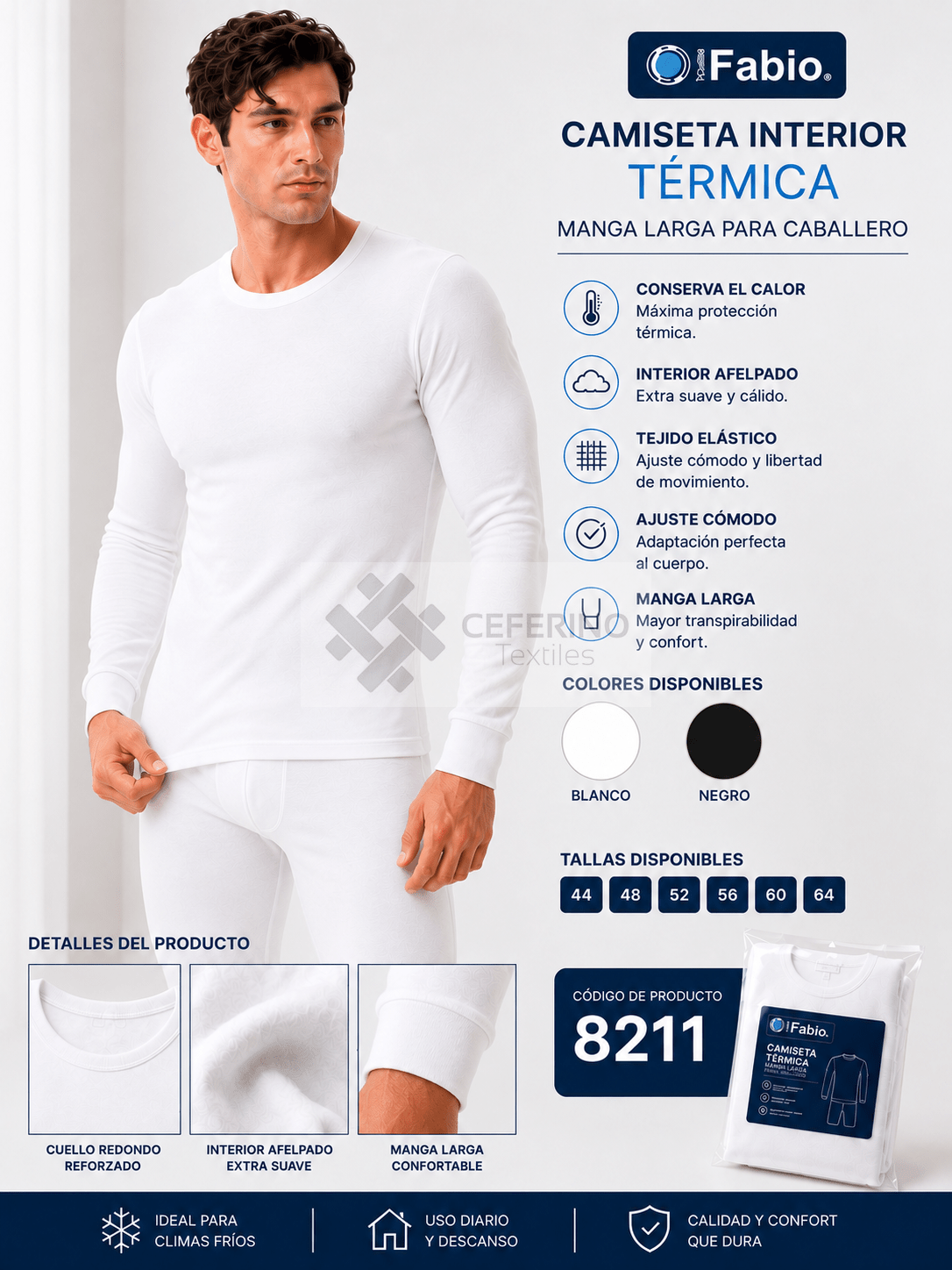 Camiseta interior termal caballero algodón M/L cuello redondo (BLANCO y NEGRO) Fabio 8211