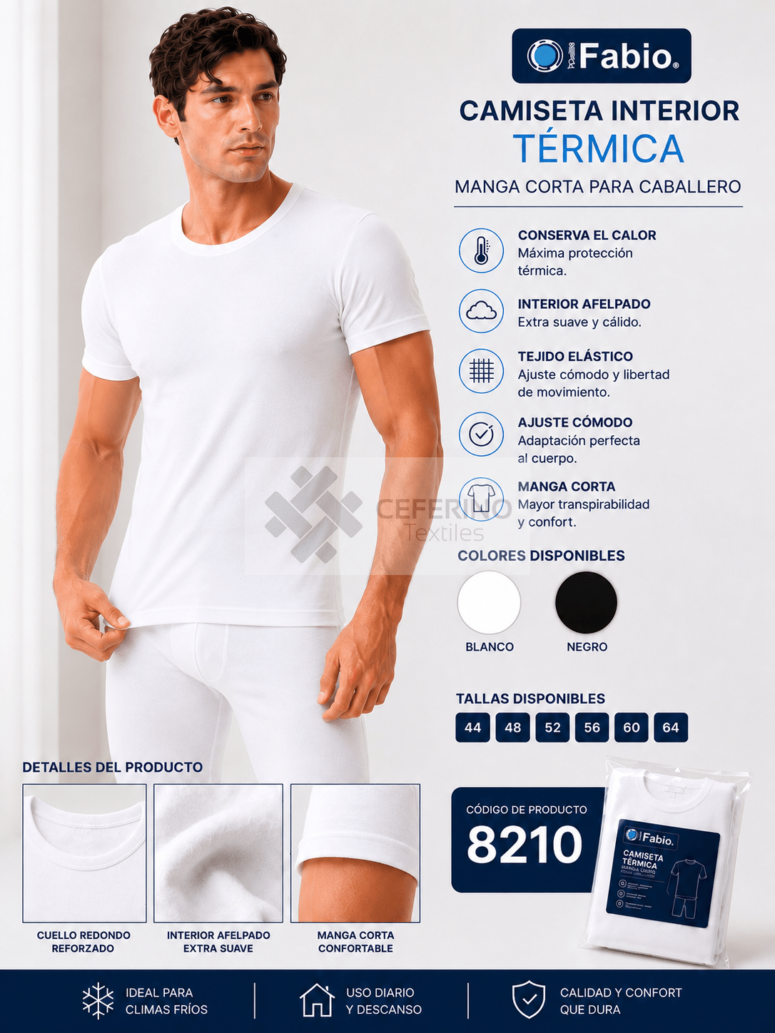 Camiseta interior termal caballero algodón M/C cuello redondo Fabio 8210.