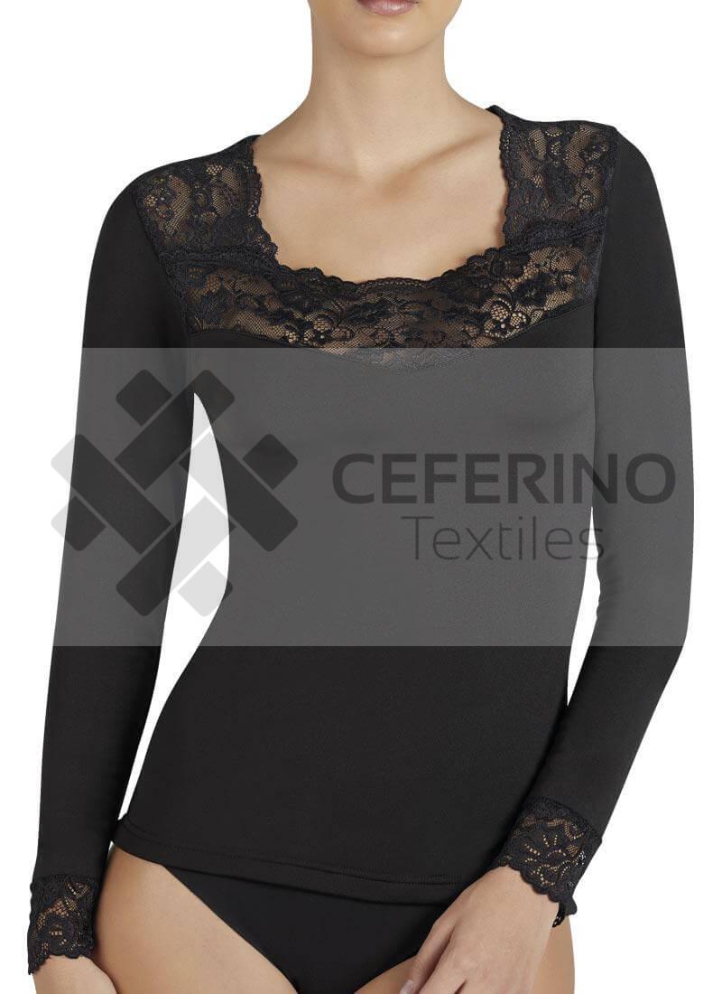 Camiseta termal con encaje manga larga cuello redondo señora S-XXL Ysabel Mora 70005