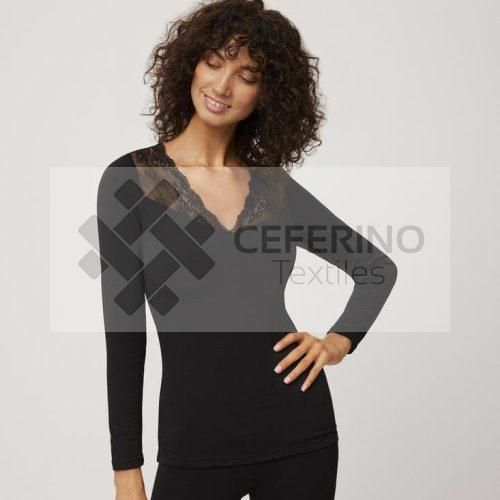Camiseta termal con encaje manga larga cuello pico señora Ysabel Mora 70014.