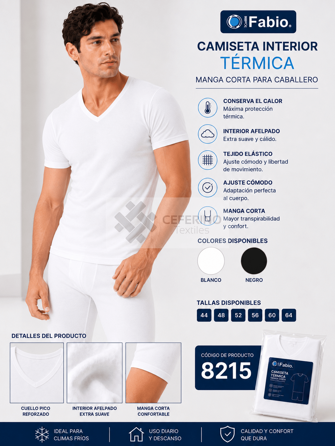 Camiseta interior termal caballero algodón M/C cuello pico Fabio 8215.
