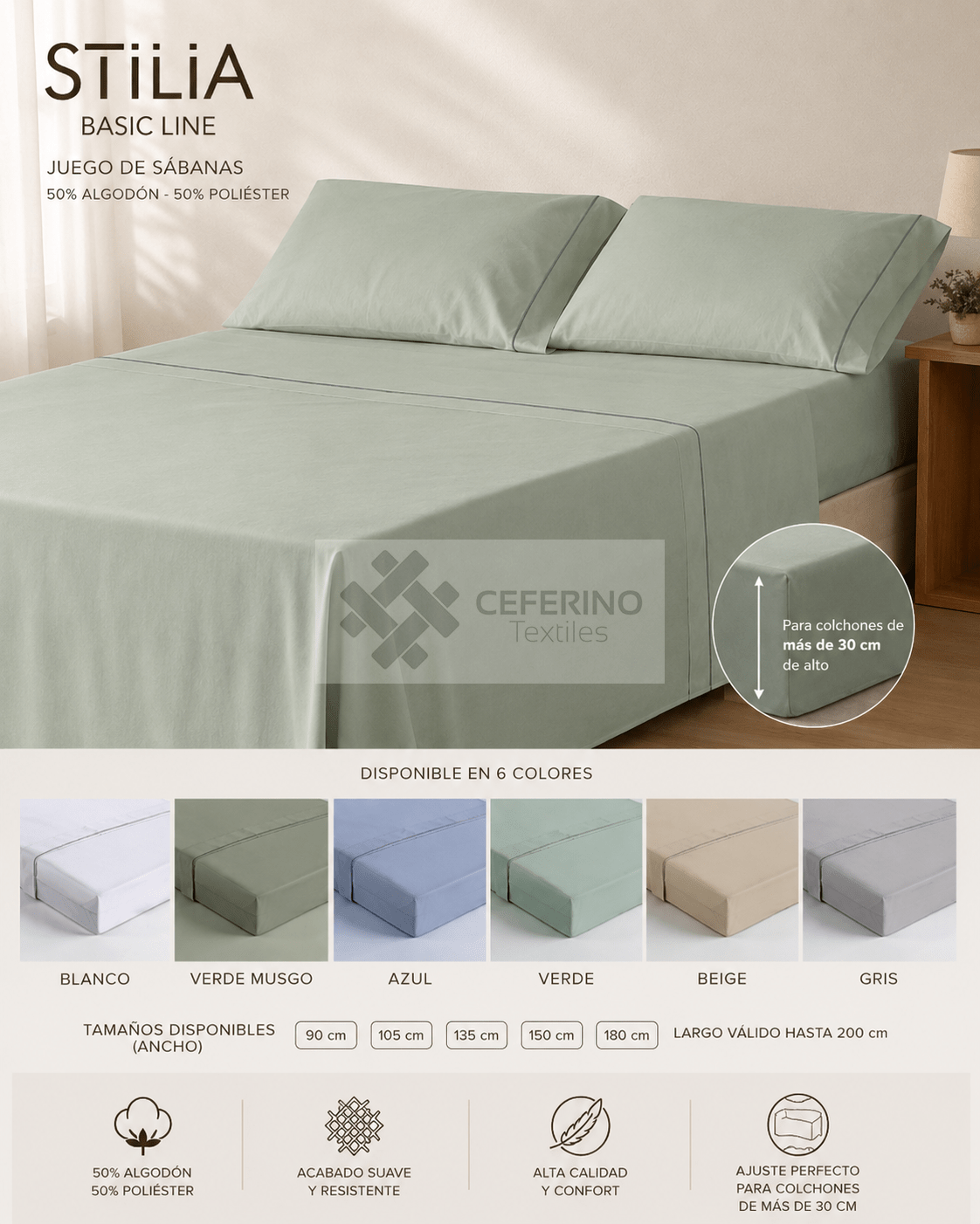 Juego Sabana tela lisa con vivo para cama 90 - 180 Stilia.