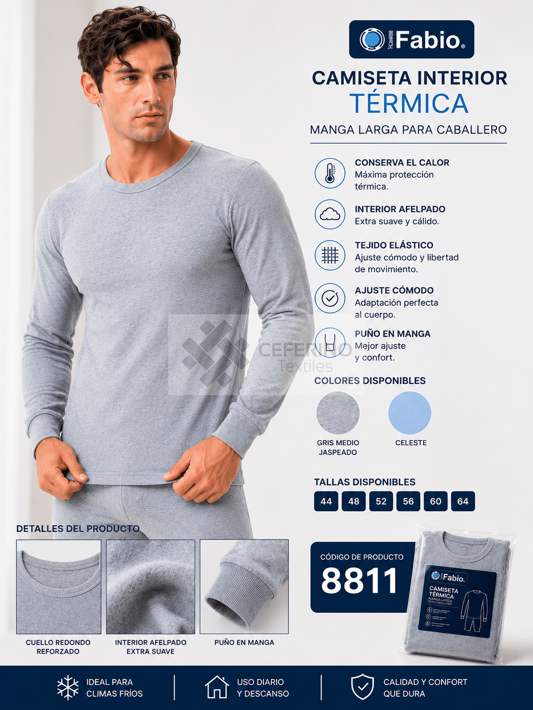 Camiseta interior caballero algodón afelpado M/L cuello redondo Fabio 8811