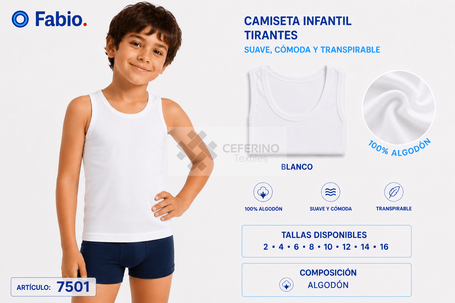 Camiseta interior tirantes de niño 2-16 Fabio 7501.