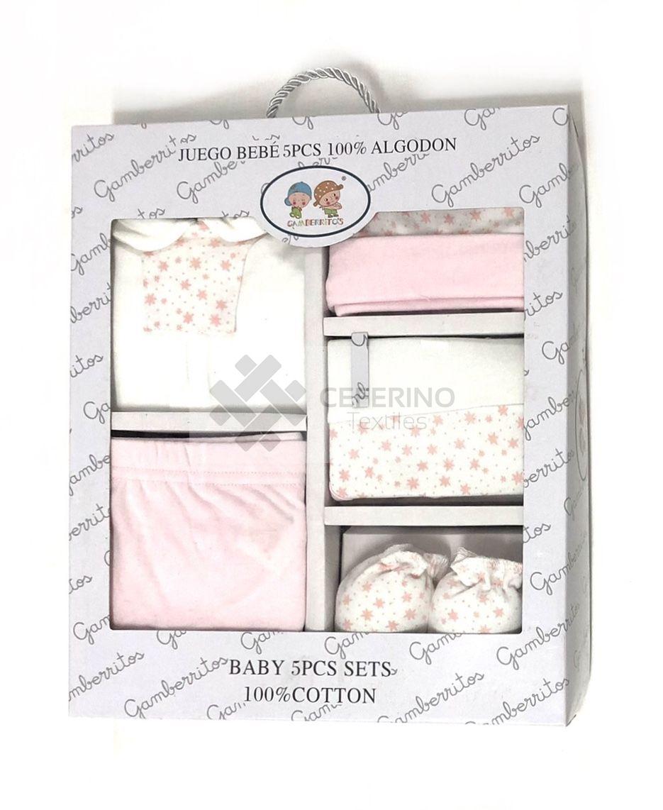 Set 5 piezas bebe primera puesta Gamberritos camiseta + polaina + babero + gorro + manoplas 10592 Rosa.