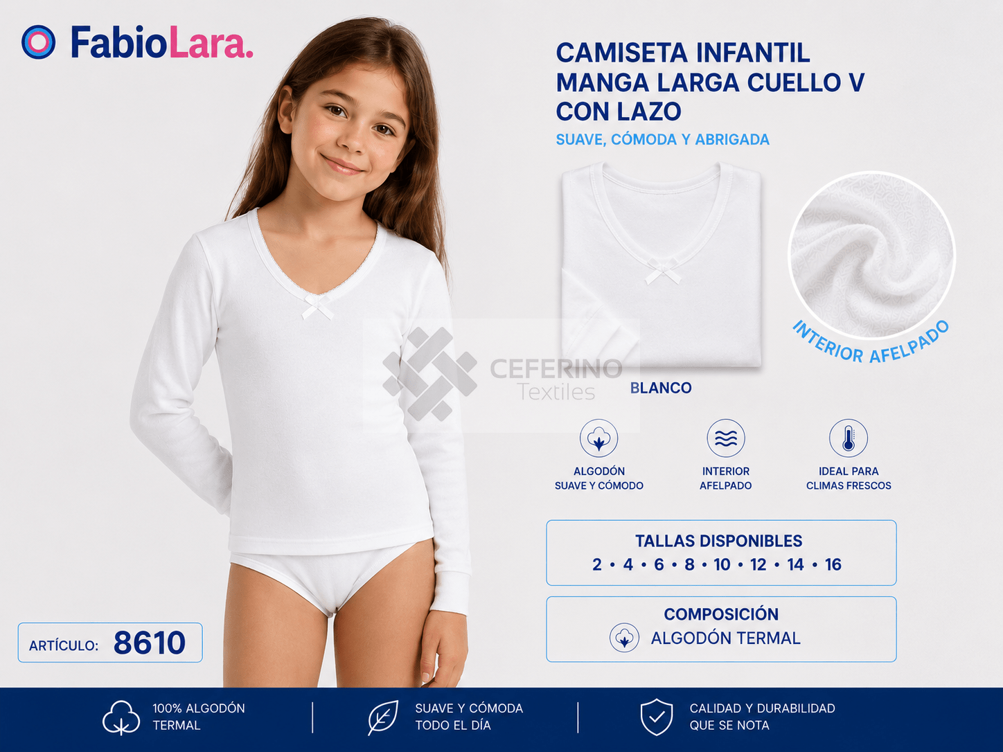 Camiseta interior de niña manga larga algodón 2-16 Lara 8610.