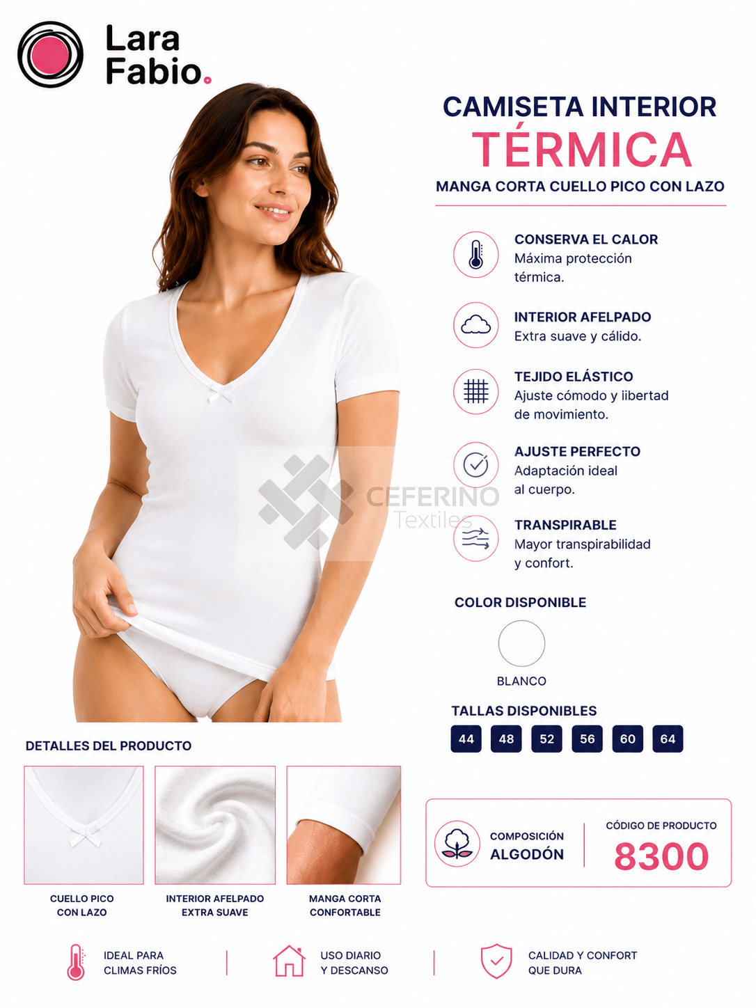 Camiseta termal interior de señora manga corta 44-60 Lara 8300.