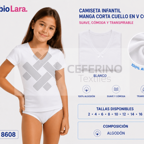 Camiseta interior niña manga corta 2-16 Lara 8608.