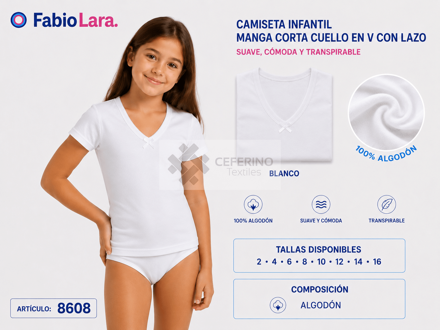 Camiseta interior niña manga corta 2-16 Lara 8608.