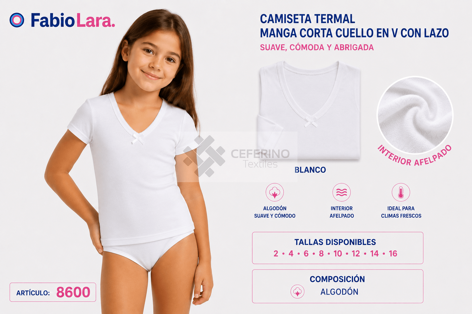 Camiseta interior termal niña manga corta algodón 2-16 Lara 8600.