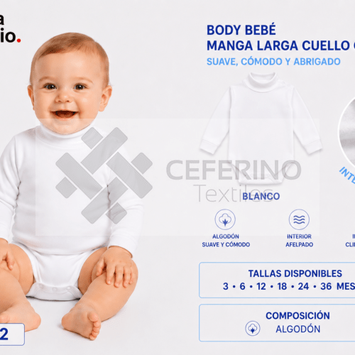 Body bebe manga larga cuello cisne BLANCO afelpado Fabio/Lara 8132B.