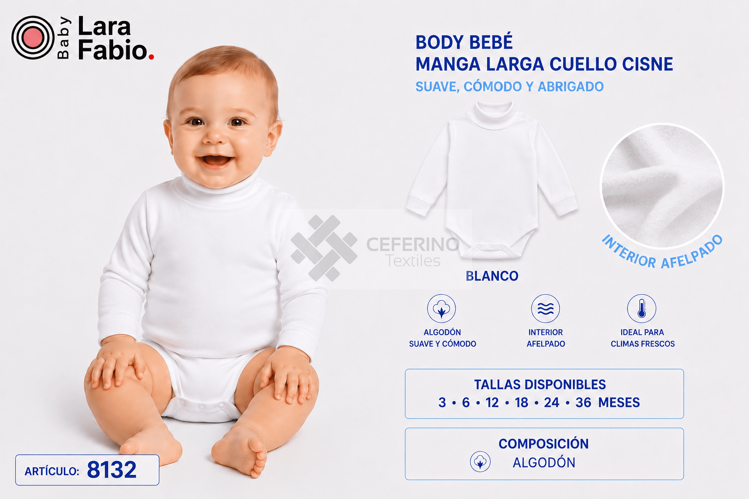 Body bebe manga larga cuello cisne BLANCO afelpado Fabio/Lara 8132B.