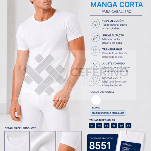 Camiseta interior caballero 100% algodón M/C cuello redondo 48 - 64 Fabio 8551.