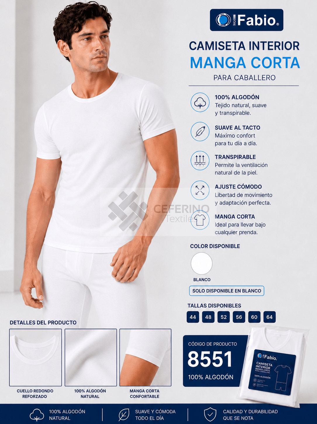 Camiseta interior caballero 100% algodón M/C cuello redondo 48 - 64 Fabio 8551.