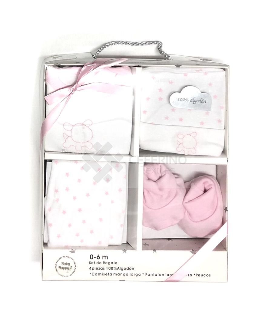 Set 4 piezas bebe primera puesta manga larga Baby Happy 21354 Rosa.