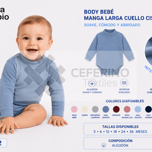 Body bebe manga larga cuello cisne afelpado 3 - 36 meses Fabio/Lara 8132 Color.