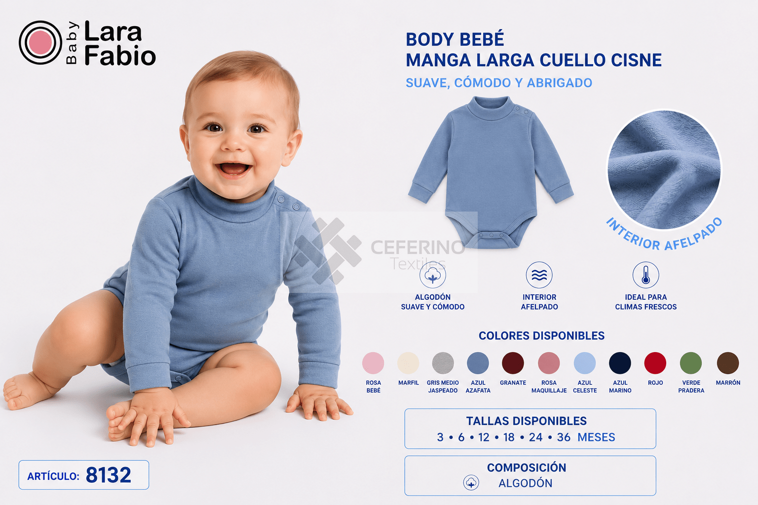 Body bebe manga larga cuello cisne afelpado 3 - 36 meses Fabio/Lara 8132 Color.