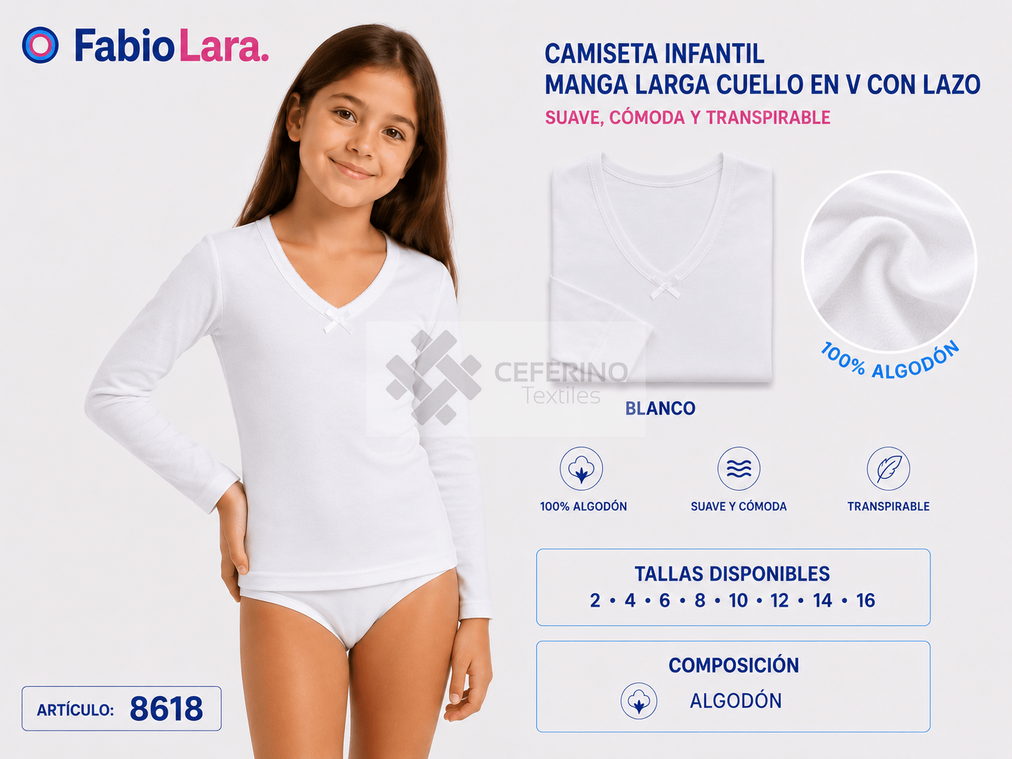 Camiseta interior niña manga larga 2-16 Lara 8618.